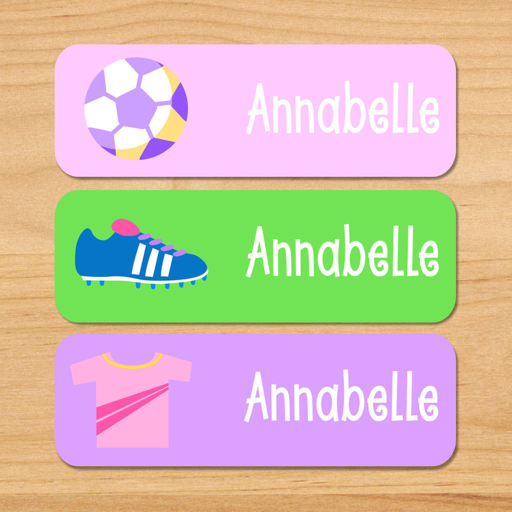Girls soccer kids waterproof labels personalized with soccer ball, cleats, and jersey on pink, purple and green backgrounds