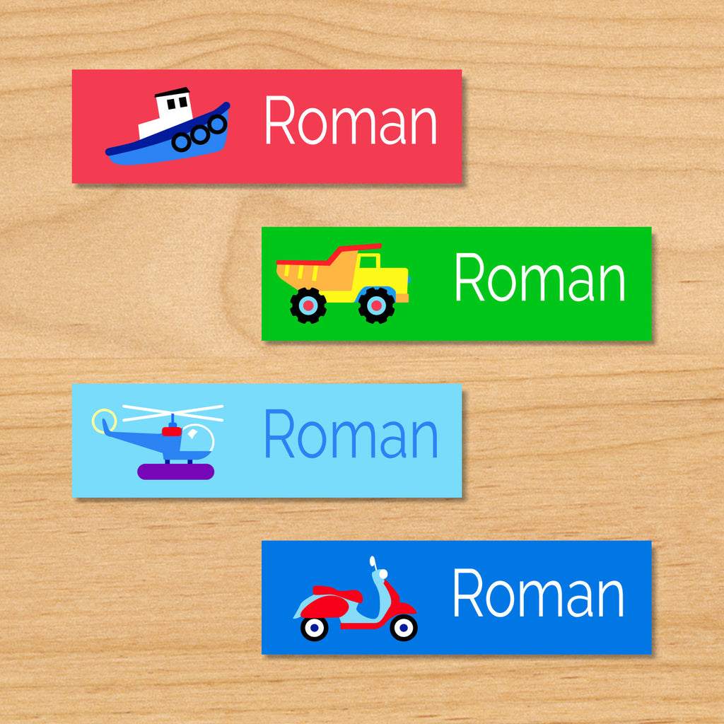 Transportation personalized kids mini waterproof name label with tugboat, dumptruck, helicopter, and vespa on red, green and blue background