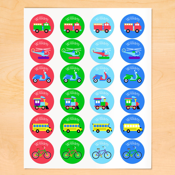 Personalized kids transportation themed round labels with trucks, trains and vehicles on colorful backgrounds.