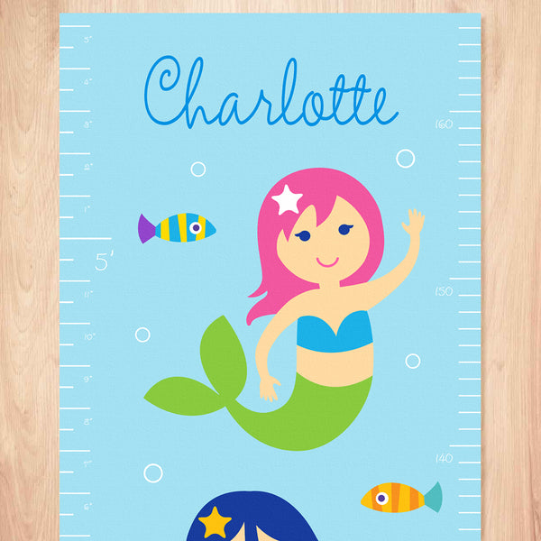 Growth chart close up of pink haired mermaid with green tail on blue background and personalized name at top