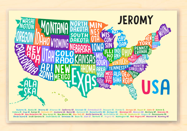 Map of all the American states and their abbreviations on a personalized kids placemat