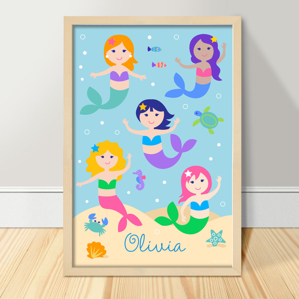 Mermaids art print for girls, with mermaids, sea turtles, fish and more.