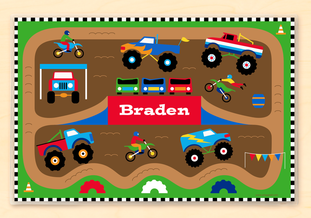 Kids Personalized Monster Truck Placemat with colorful monster trucks, motorcycles, and your child's name