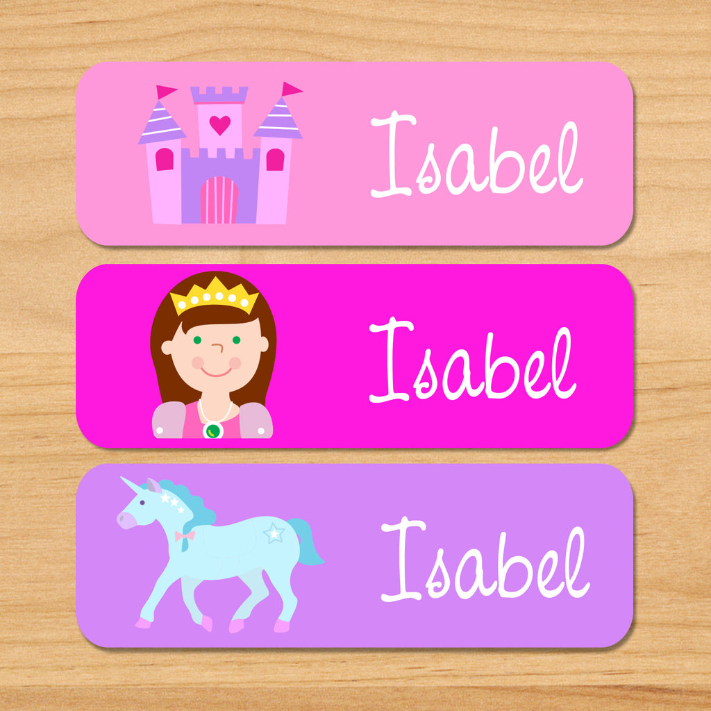 Princess light skin kids personalized name waterproof labels with castle, princess, and unicorn on pink and purple backgrounds