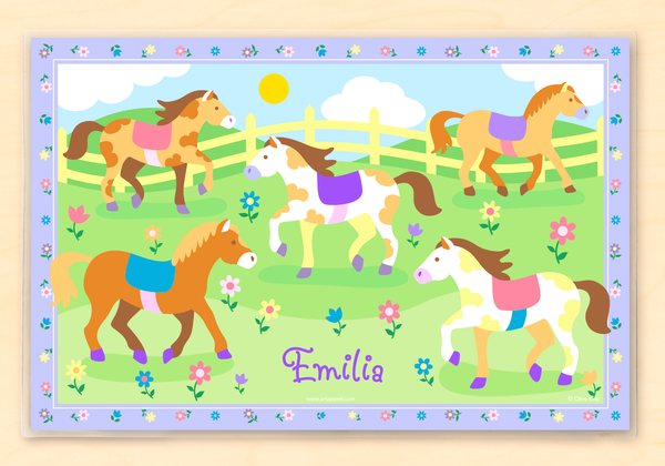 Ponies Personalized Kids Placemat with horses on a field of flowers  