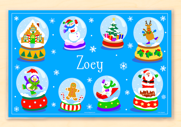 Snow globes personalized placemat features eight snow globes with winter themes on a blue ground with child name in the center. 