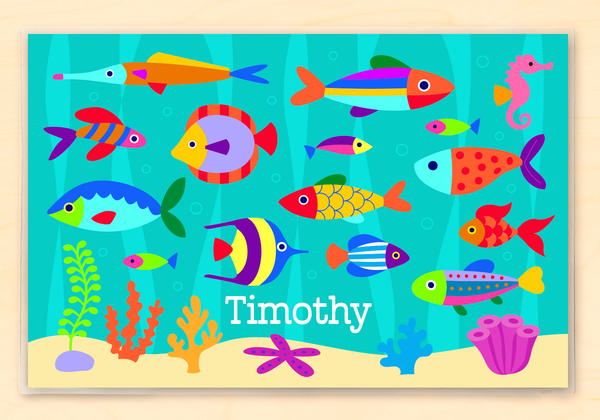 Underwater themed Personalized Kids Placemat with brightly colored fish blue waves and bubbles