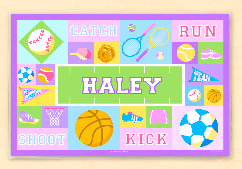 Sports Themed Personalized Girl's Placemat with sports balls and equipment 