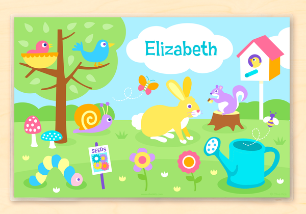 Spring Personalized Kids Placemat with animals and flowers