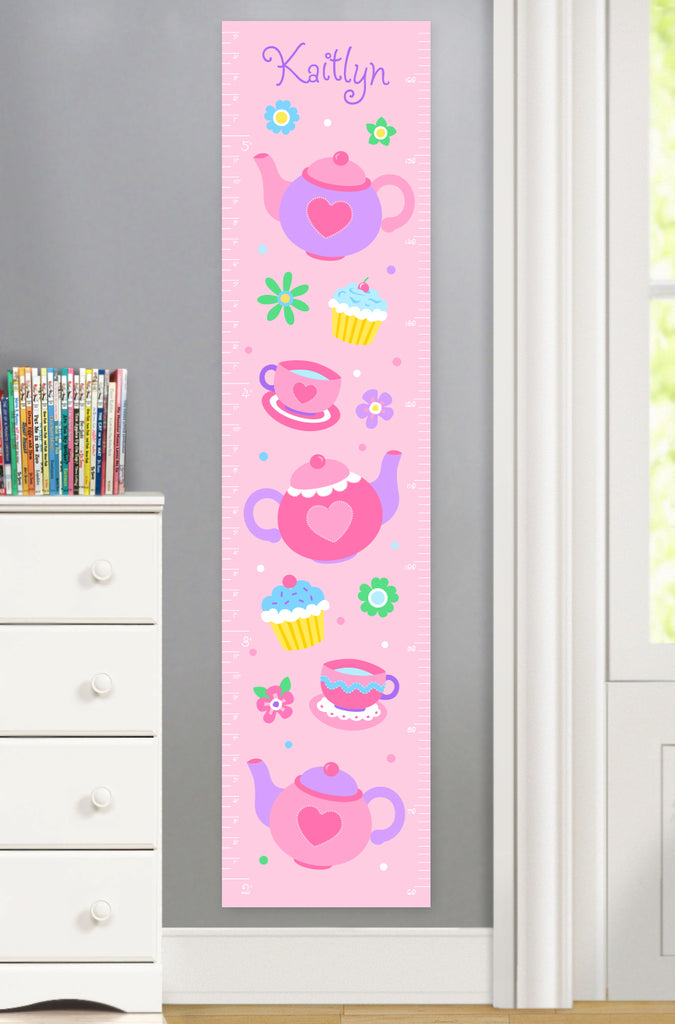 Tea Party themed Growth Chart with teapots, tea cups and flowers.