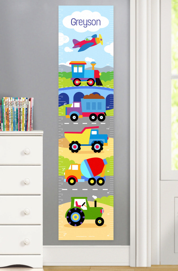 Trains, Planes and Trucks Personalized Kids Canvas Growth Chart