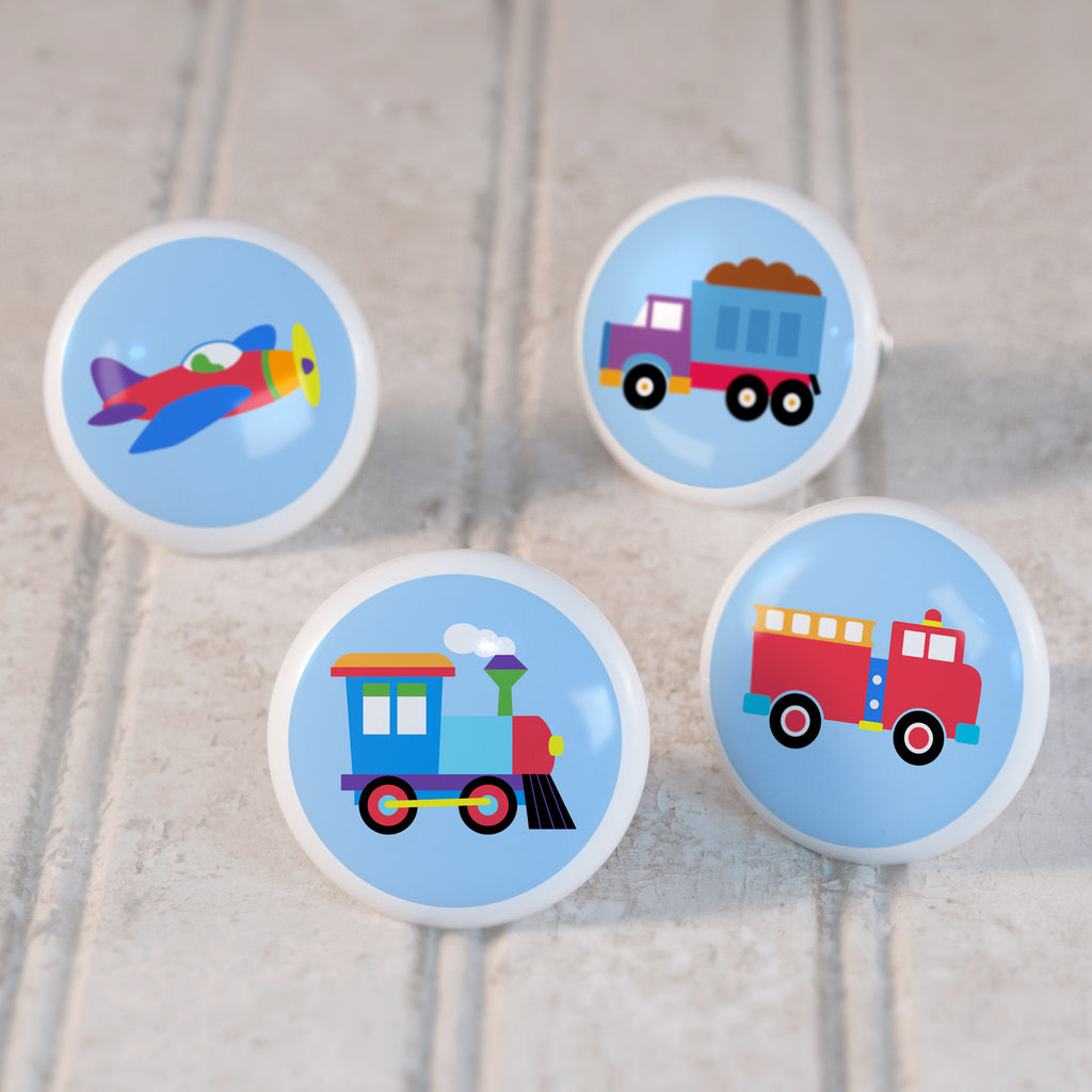 Trains, Planes & Trucks Kids Drawer Knob Set with train, airplane, firetruck, and dumptruck vehicles