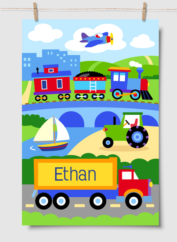 Trains, Planes & Trucks Personalized Art Print