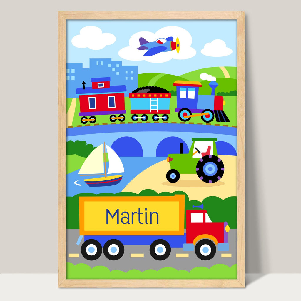 Trains Planes and Trucks Kids Personalized Art Print