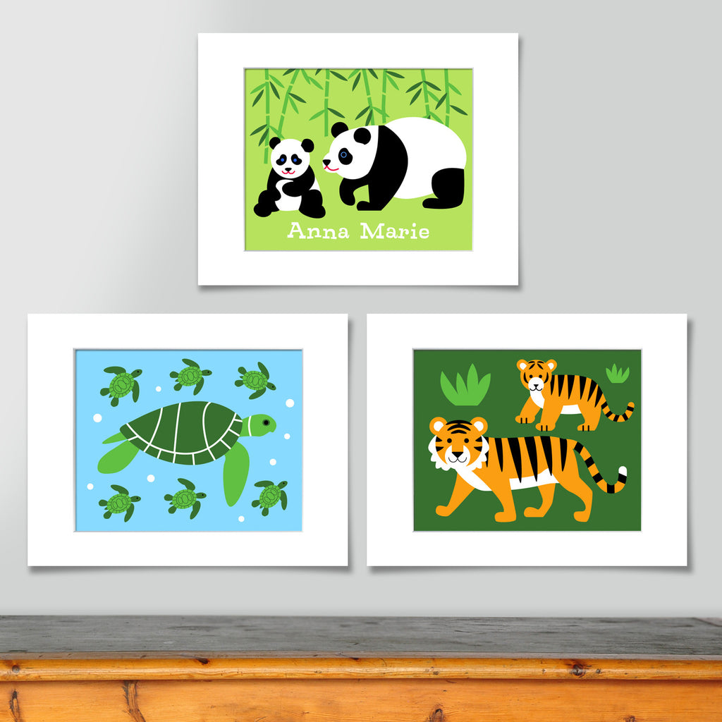 Set of 3 corodinating prints. Panda and baby on a spring green background, personalized with childs name. Sea Turtles on a light blue background, and tiger mama and cub on a bright greeen background.