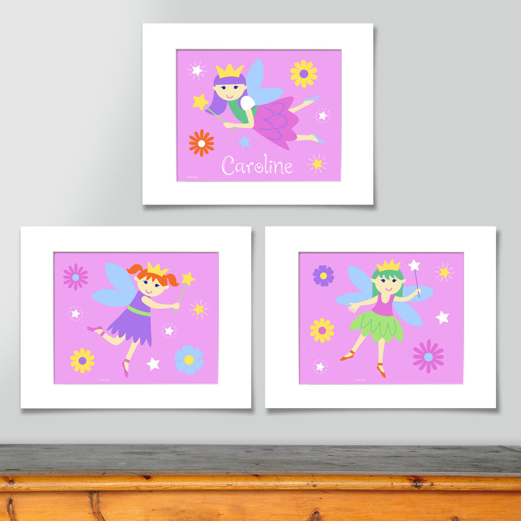 Set of 3 fairy prints.One softly colored fairy on each print, with pink backgrouns. One print is personalized with childs name.
