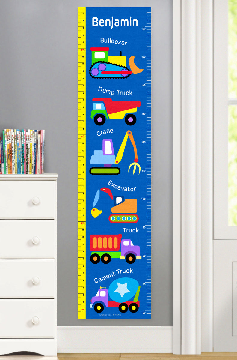 Construction Vehicles Personalized Kids Canvas Growth Chart – Art...