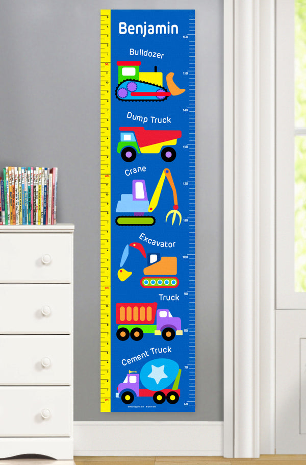 Under Construction Trucks Personalized Kids Canvas Growth Chart