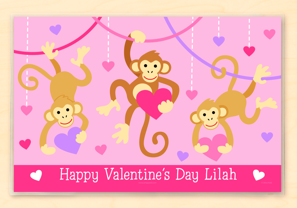 Valentine Kids Name Placemat with Happy Monkeys and Hearts