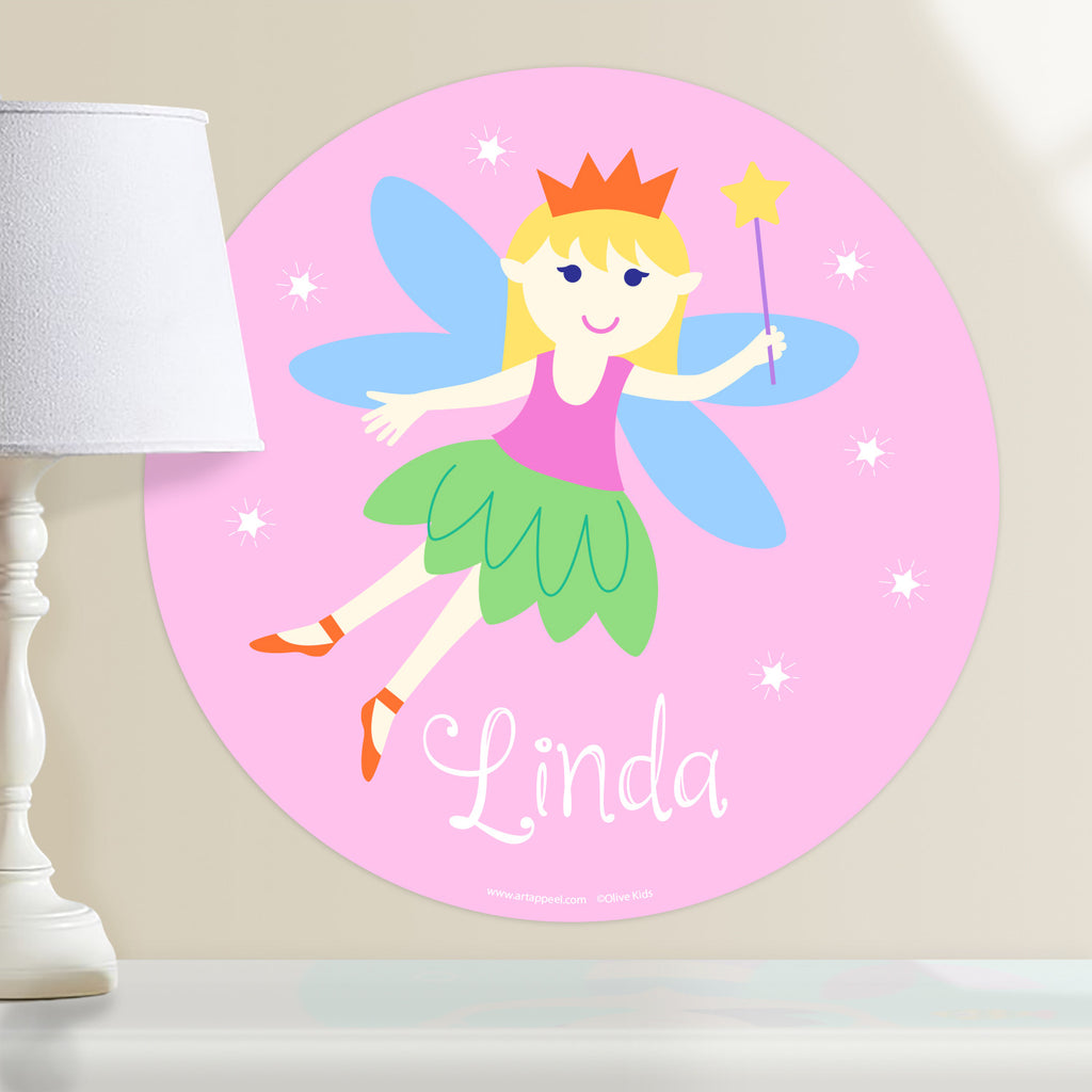 Kids fairy personalized circular wall decal.  Blond hair fairy on a pink packground.