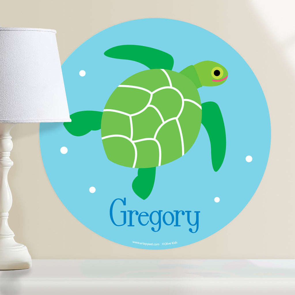 Sea turtle personalized kids wall decal. Green sea turtle on a ocean blue background. Circle shape.