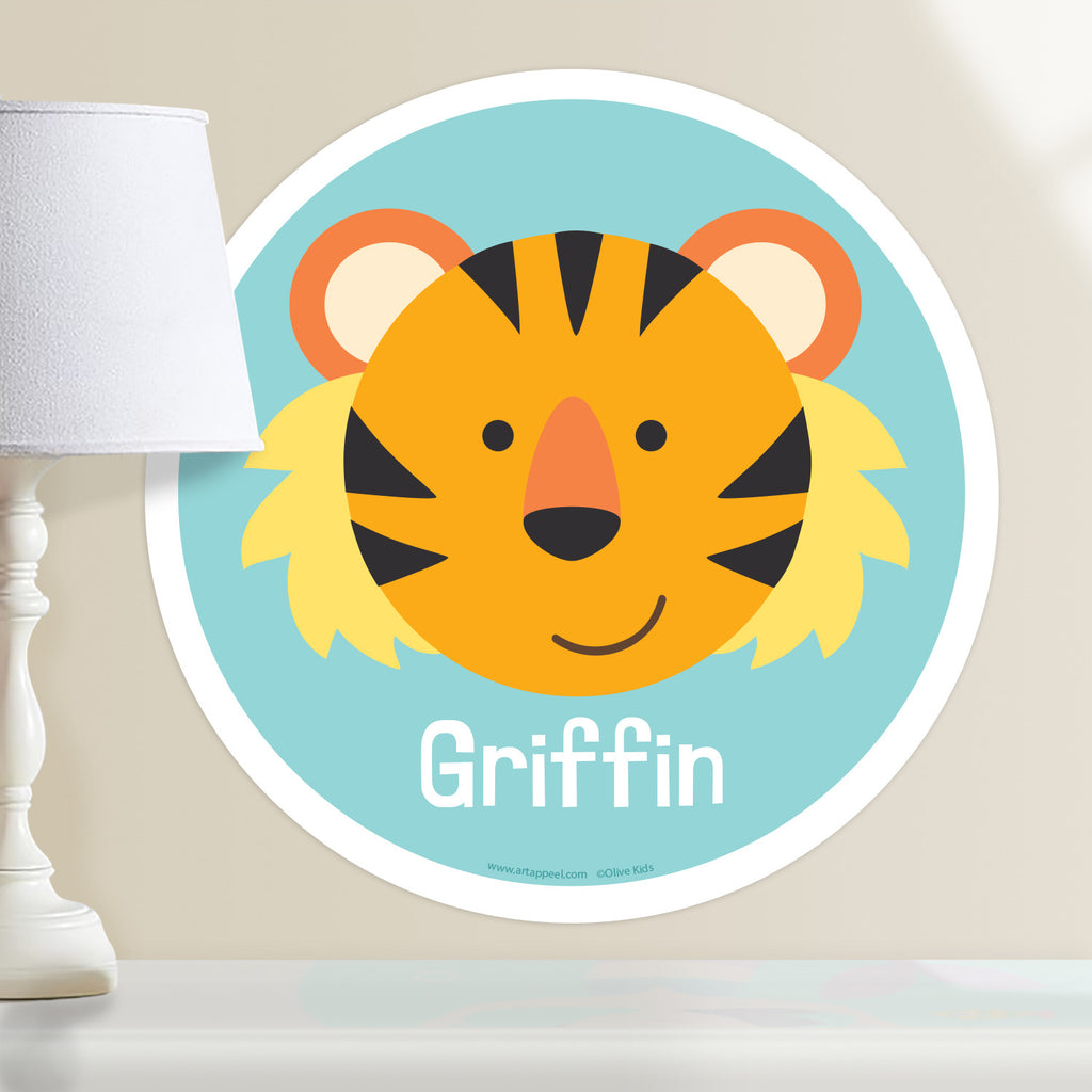 Kids personalized circular wall decal. Happy baby tiger portrait on a blue-green background.