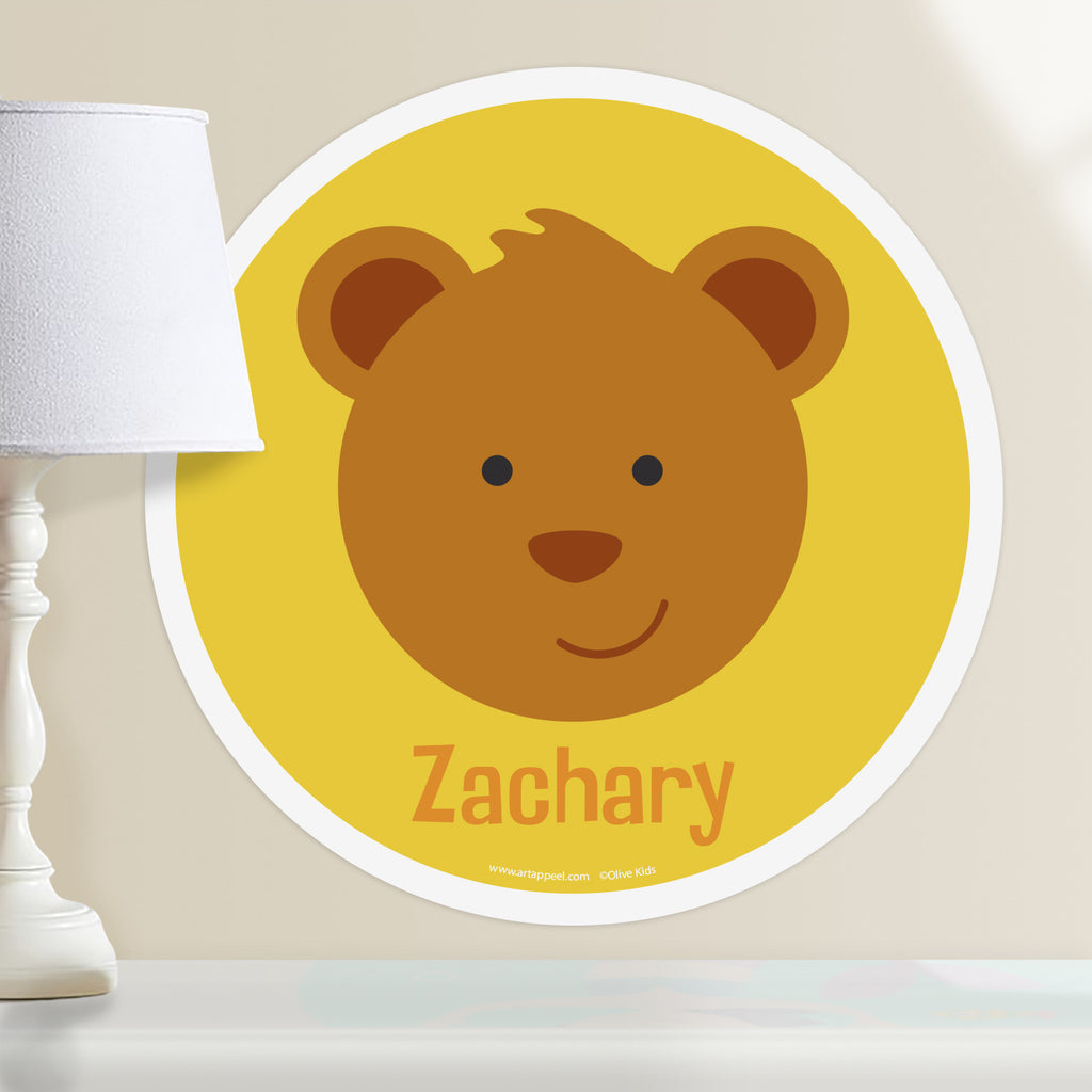 Kids personalized circular wall decal. Happy baby bear portrait on golden yellow background.