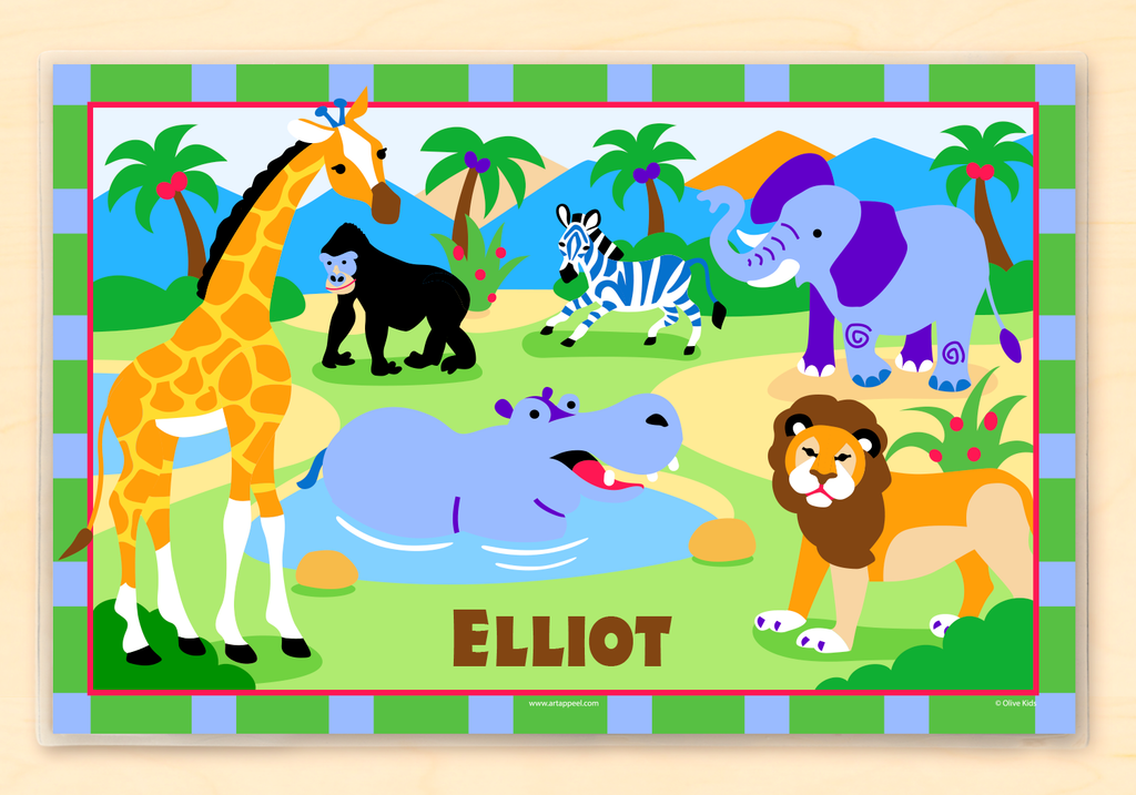 Scene featuring giraffe, lion, hippo, elephant and gorilla. Personalized with childs name on the grass.
