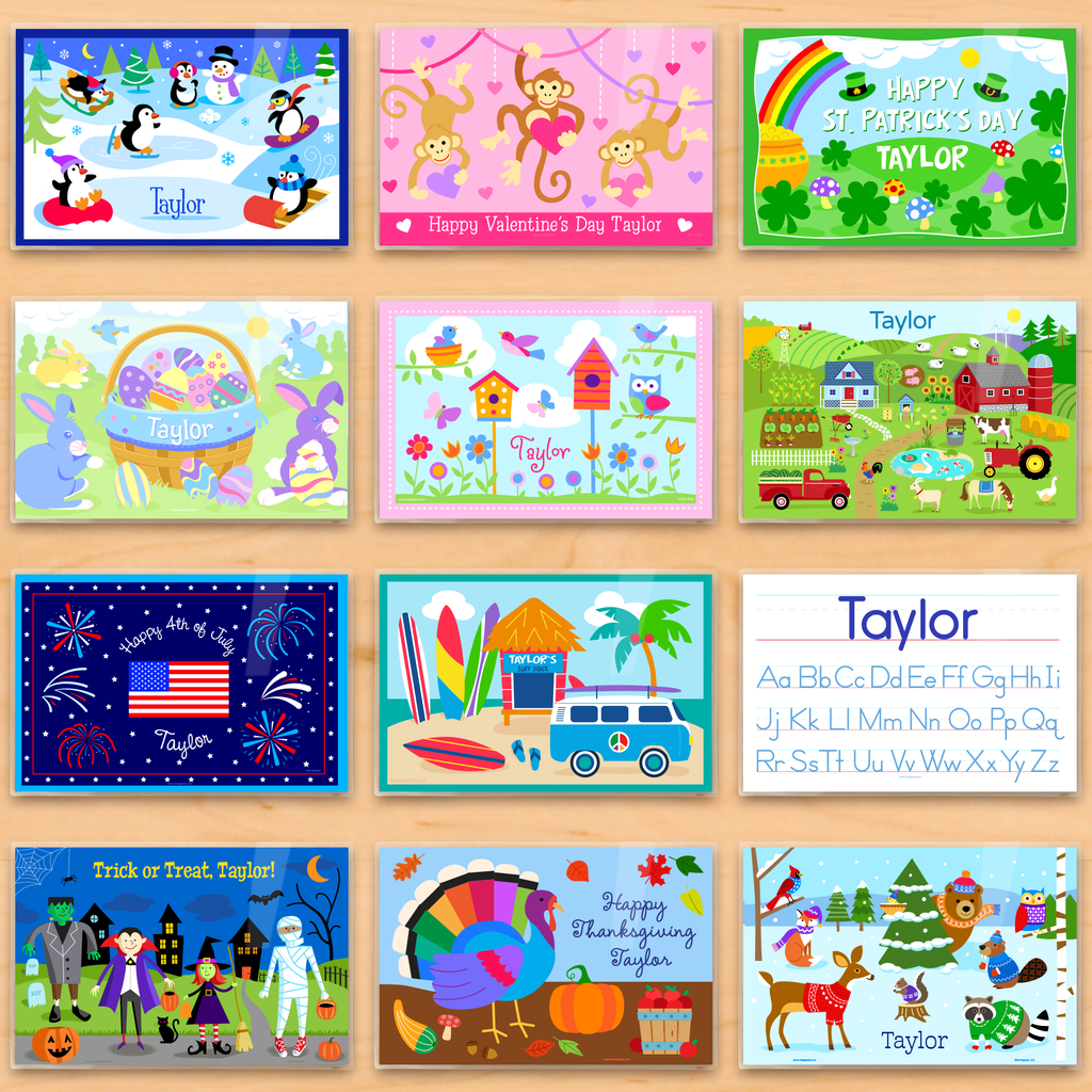 Holiday Gift For Kids of Personalized Placemats for Each Month, including Valentine's Day, St. Patrick's Day, Easter, July 4th, Halloween, Thanksgiving and Christmas