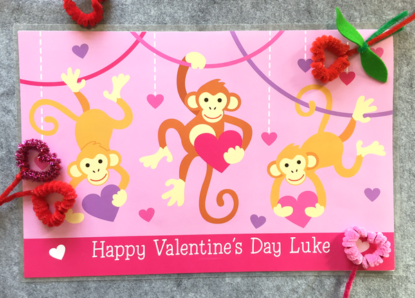 Valentine Kids Name Placemat with Happy Monkeys and Pipe Cleaner Heart Flowers