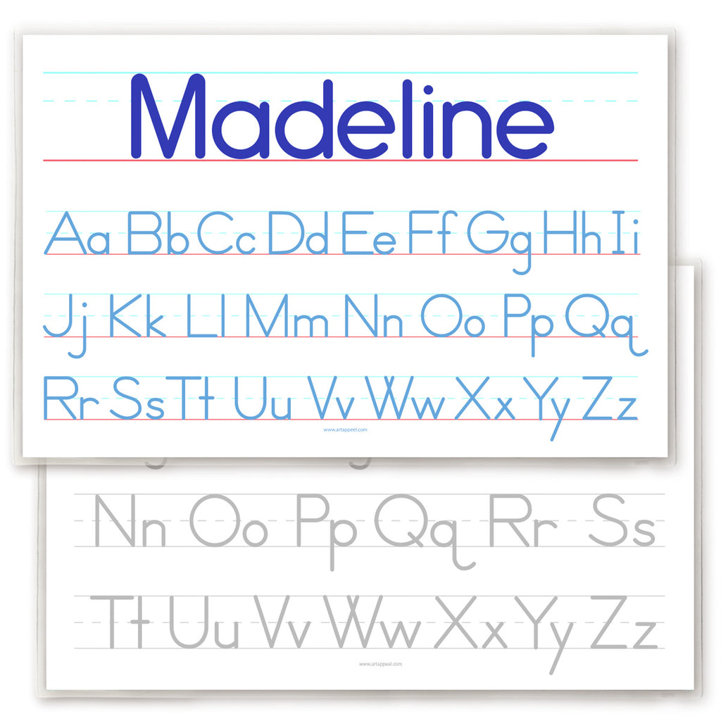 Personalized Alphabet Place Mat has upper and lower case alphabet letters on traditional handwriting lined paper. This ABCs placemat is personalized with child name spelled out at the top on its own line.  Reverse side has alphabet letters for tracing.