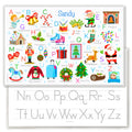 Christmas Alphabet Personalized Placemat for kids. Each letter features a delightful Christmas icon, from Angle to Zzzzz. The back has a classic Alphabet of upper and lower case letters perfrct for tracing. Reverse side has alpohabet letters for tracing.