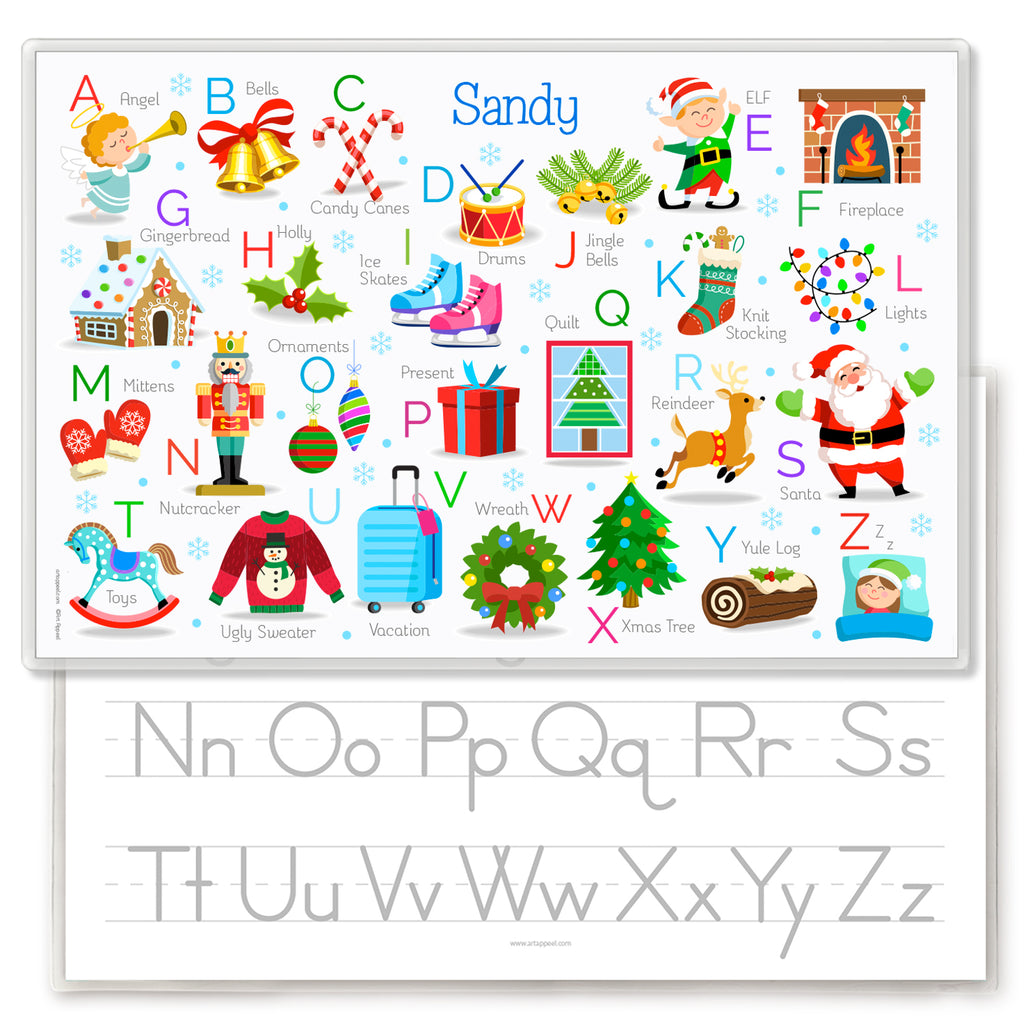 Christmas Alphabet Personalized Placemat for kids. Each letter features a delightful Christmas icon, from Angle to Zzzzz. The back has a classic Alphabet of upper and lower case letters perfrct for tracing. Reverse side has alpohabet letters for tracing.