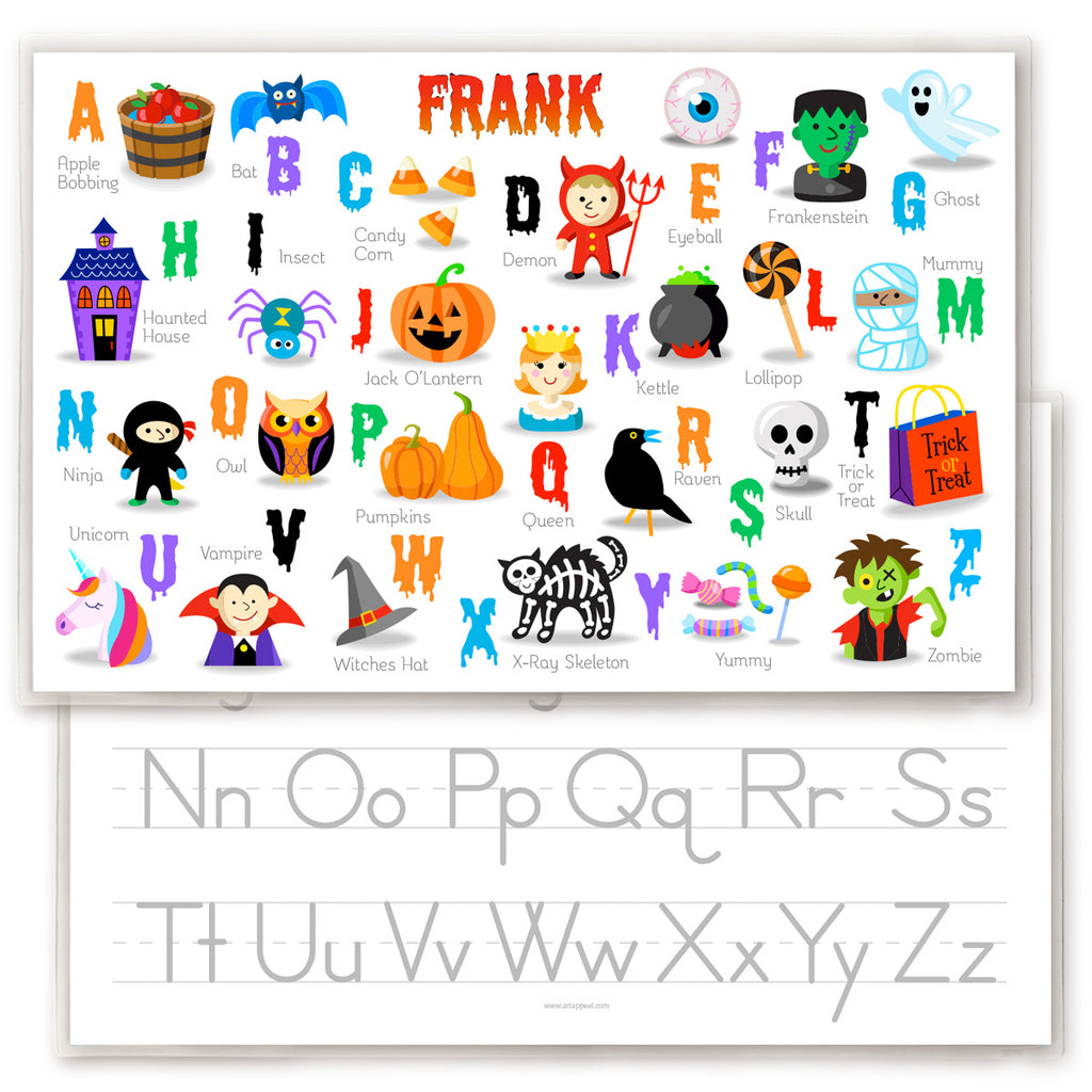 Image showing front and back of a personalized Halloween placemat for kids. The front features the alphabet with a Halloween icon for each letter. Back has alphabet letters for tracing.