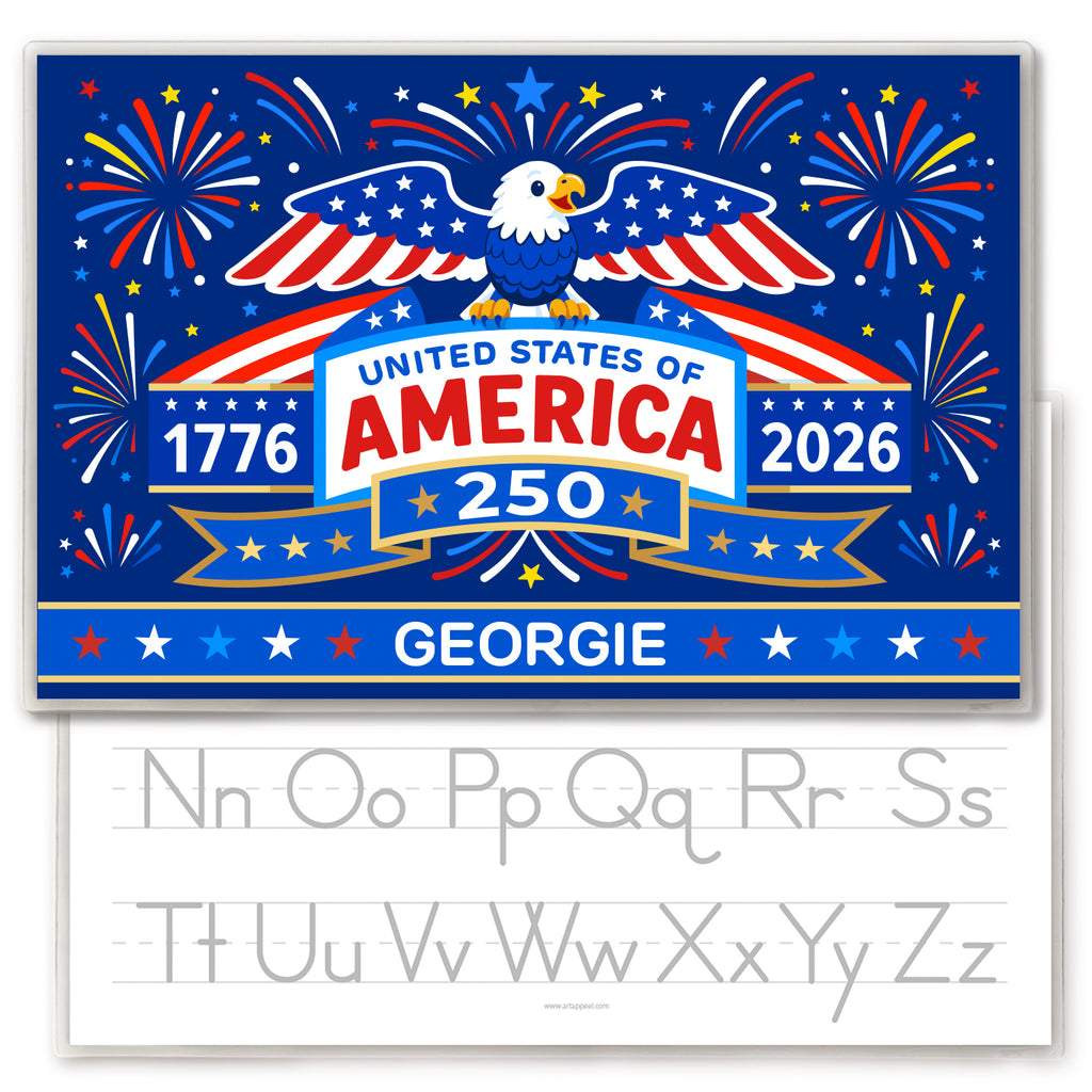 Celebrate America’s 250th birthday with our Personalized America’s Birthday Placemat. This star-spangled design features a cheerful bald eagle, bursting fireworks, waving red-and-white stripes, and bold patriotic details surrounding your child’s name right in the center.

It’s like bringing a backyard Fourth of July party right to the table—where every meal comes with a few extra oohs, ahhs, and eagle-sized smiles.

Add your child’s name and make every bite feel birthday-party official with our America’s Bi