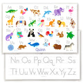 Alphabet Animals personalized place mat has an animal for each letter of the alphabet from allagator to zebra, along with both upper and lower case letters. Name is personalized at the top of the mat. Reverse has alphabet letters for tracing. Placemat is laminated for durability and easy clean up.