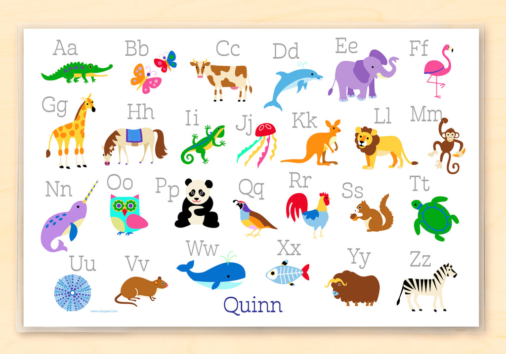 Kids Educational Personalized Placemat featuring Animal Alphabet with child's name and brightly colored animals
