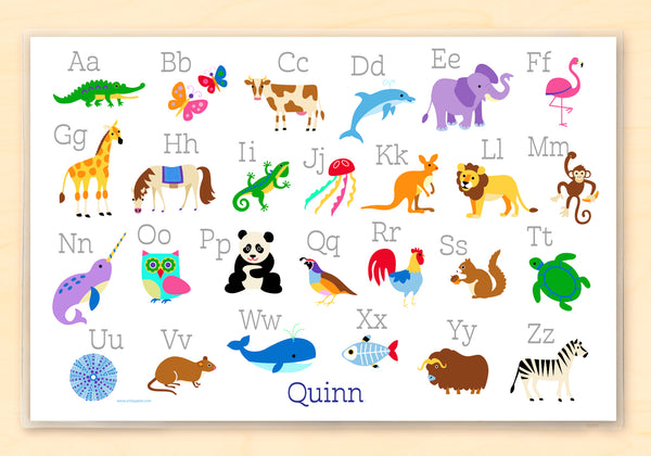 Alphabet Animals personalized place mat has an animal for each letter of the alphabet. Personalized with name at top. 