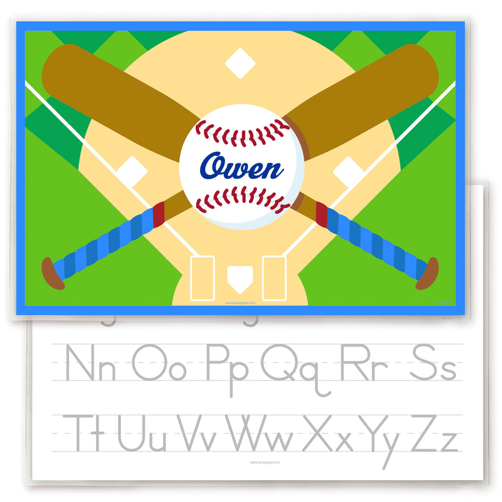 Personalized Kids Placemat with name on baseball, crossed baseball bats and baseball diamond. Green and sand colored background. Reverse side has alphabet letters for tracing.