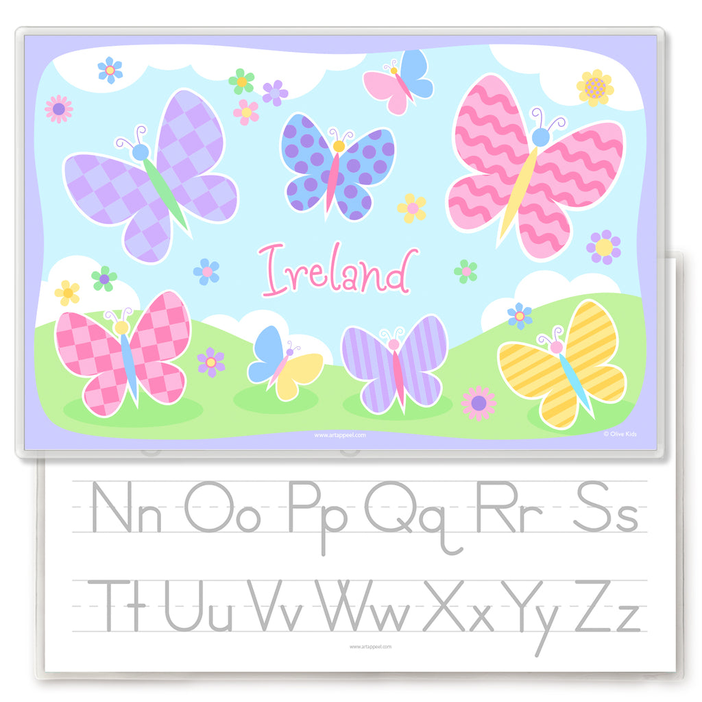 Personalized Kids Placemat with soft color butterflies and flowers on sky and grass background. Reverse has alphabet letters for tracing.