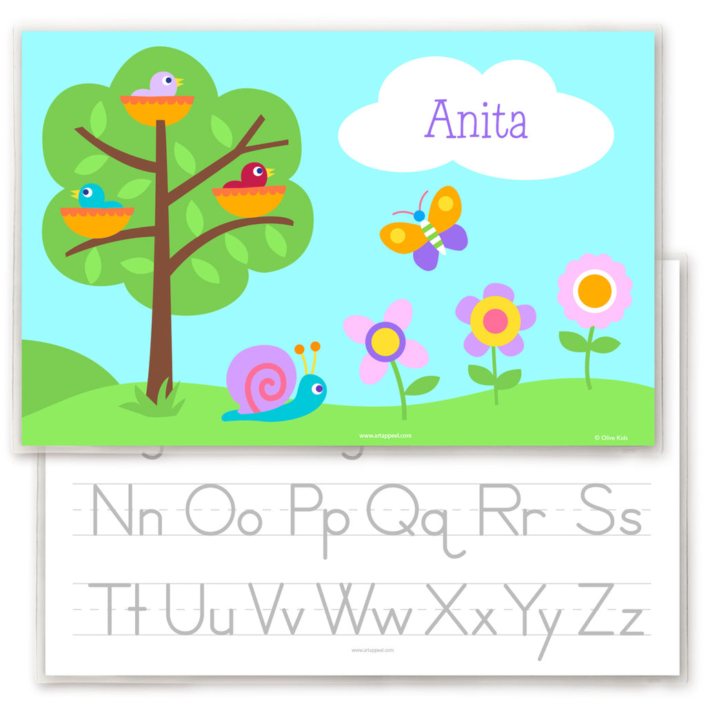 Personalized Kids Placemat with baby birds in nests, tree, flowers and butterfly. Sky blue background. Reverse side has alphabet letters for tracing.