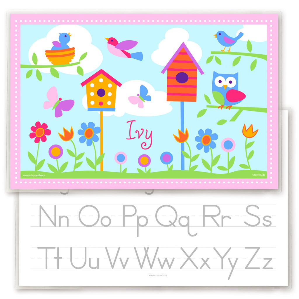 Personalized Kids Placemat with birds, birdhouses, bird nests and trees on a blue sky. Reverse side has alphabet letters for tracing.