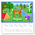 Camping Trip Personalized Kids Placemat with tent, deer, raccoon and animals in forest. Reverse side has alphabet letters for tracing.