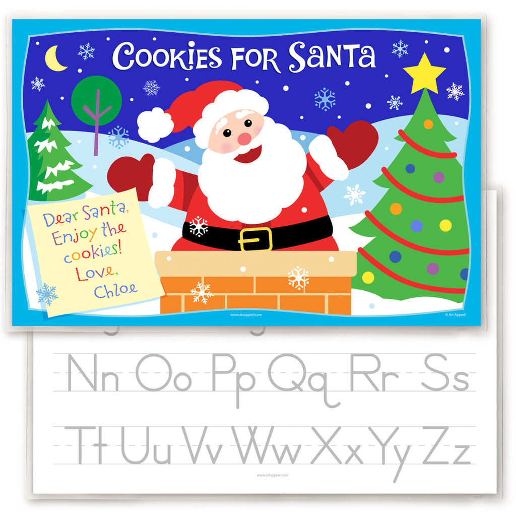 Personalized place mat for kids with with Cookies for Santa note, signed with child name. Reverse side has alphabet letters for tracing.