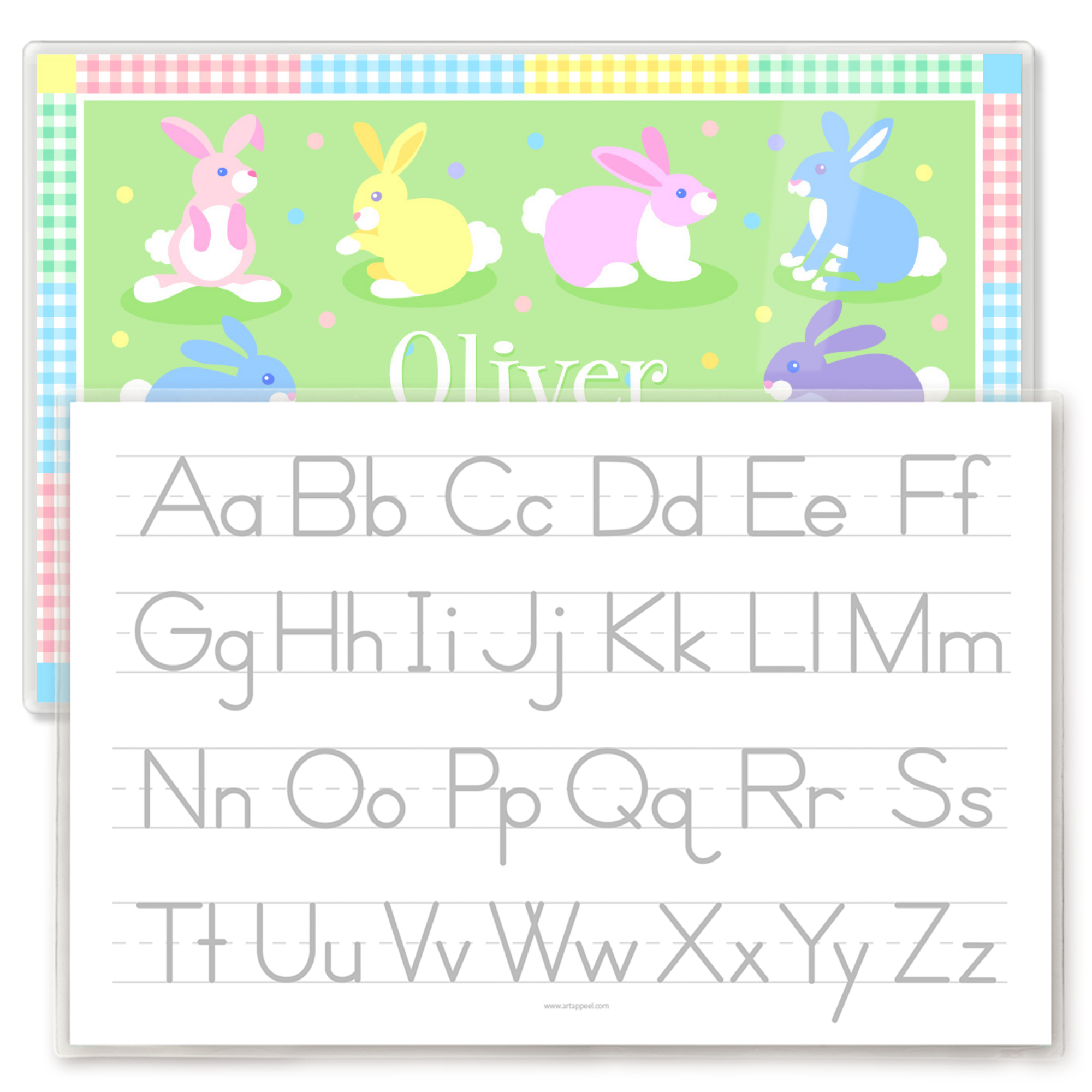 Kids placemat reverse side featuring a gray alphabet writing guide with uppercase and lowercase letters on lined handwriting practice rows, with pastel Easter bunny placemat design visible behind.