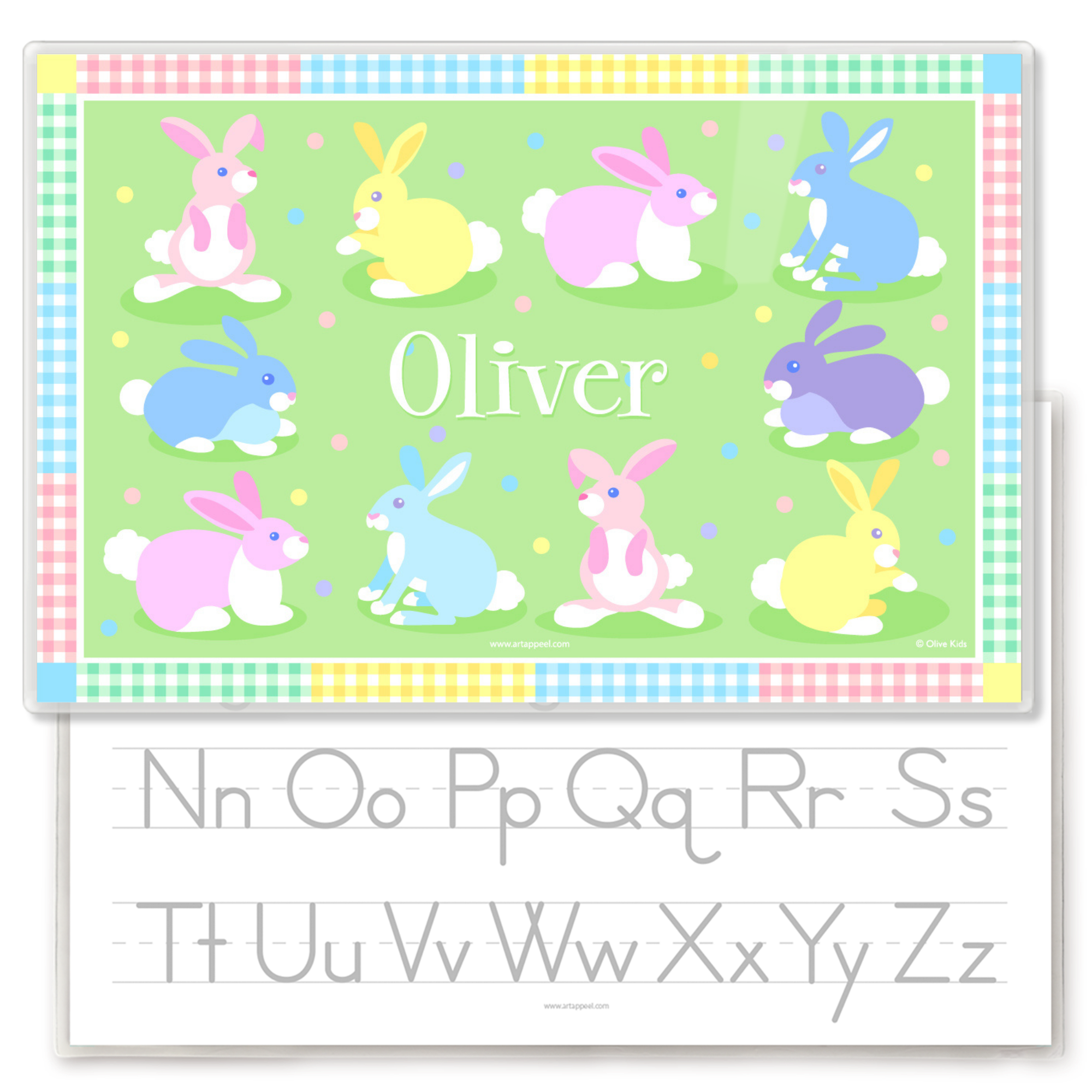 Personalized kids placemat with colorful pastel Easter bunnies on a green background, gingham patchwork border, and the name Oliver in the center.