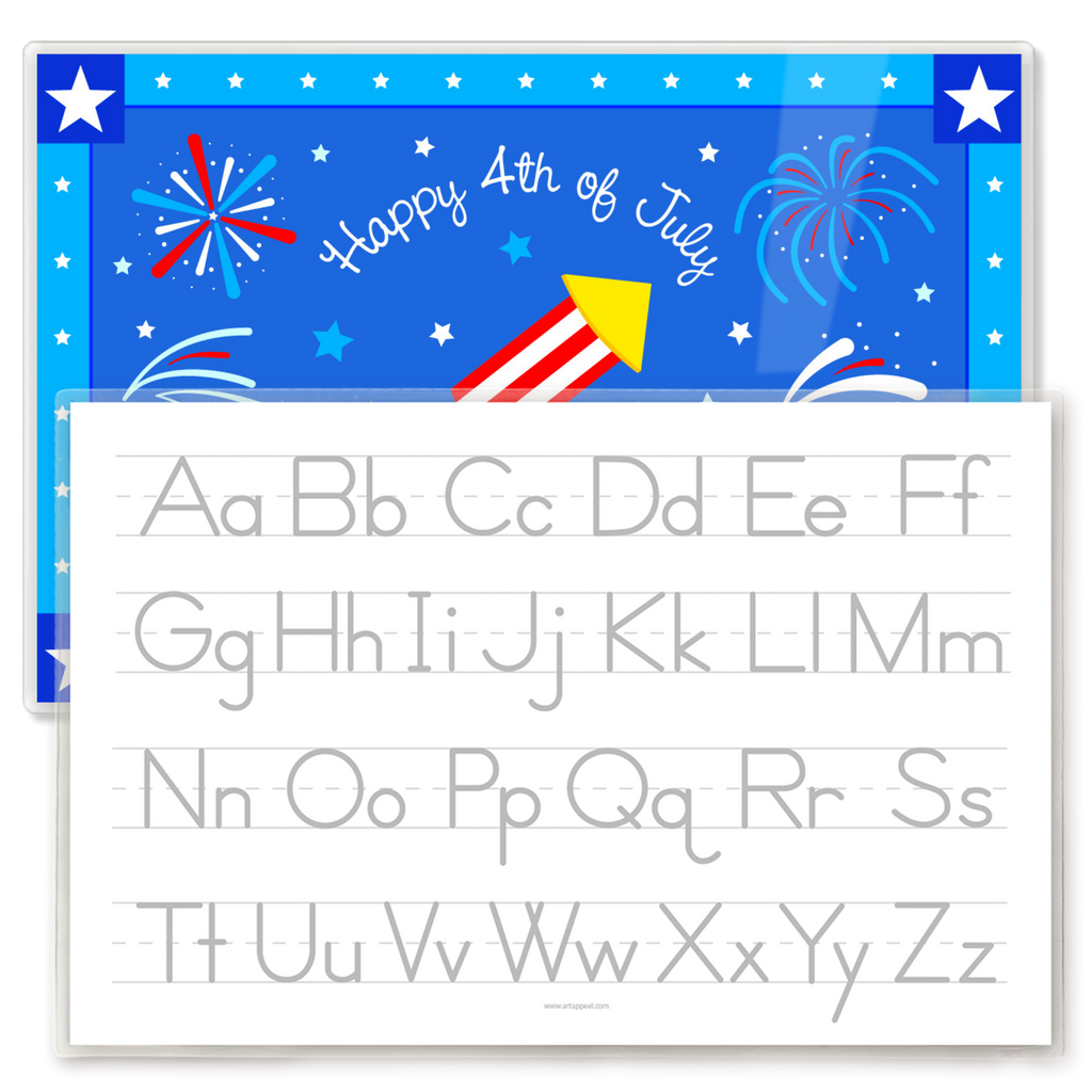 Personalized kids placemat with reverse traceable alphabet featured, overlapping the placemat front with red, white, and blue fireworks and a firecracker on a blue background and “Happy 4th of July” text