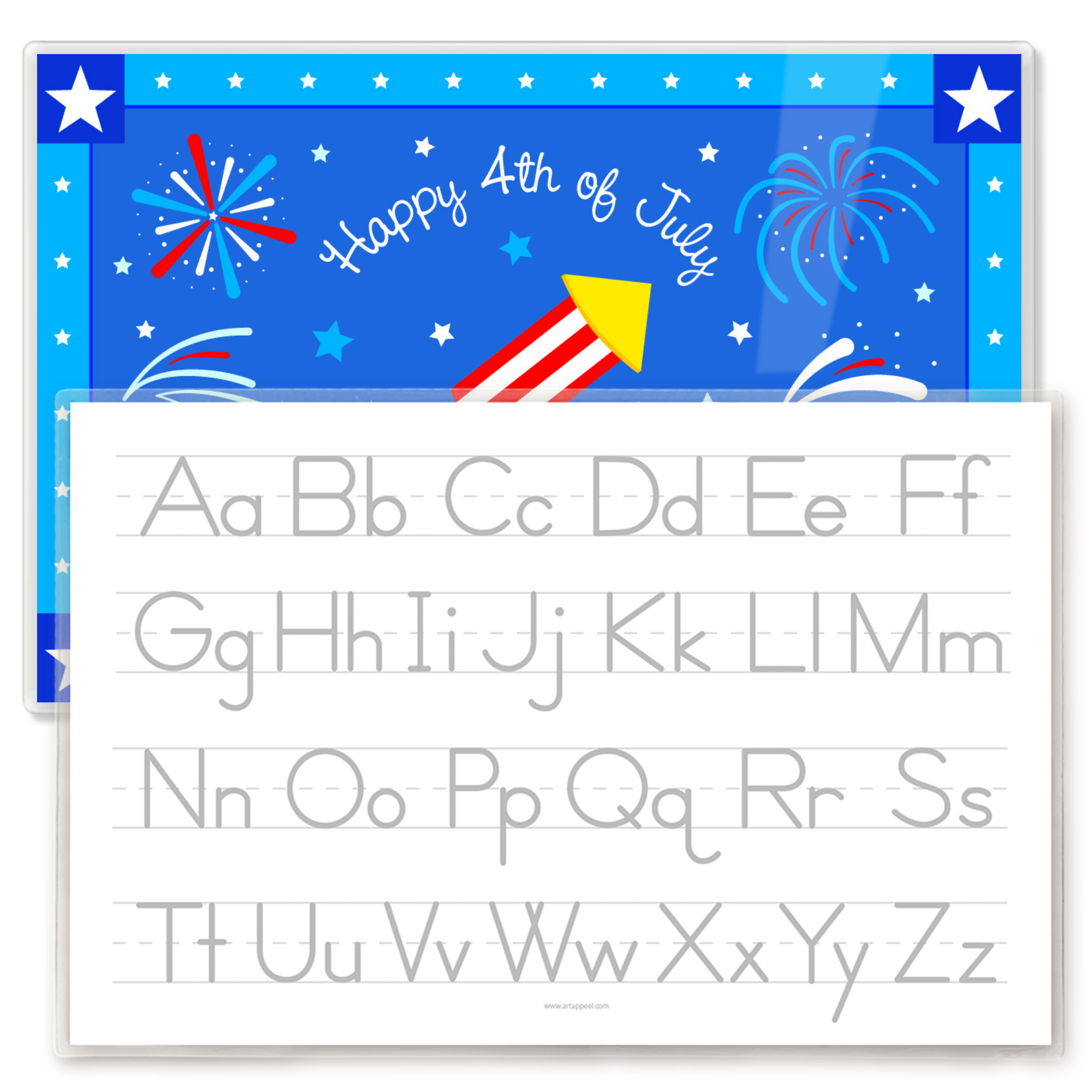 Personalized kids placemat with reverse traceable alphabet featured, overlapping the placemat front with red, white, and blue fireworks and a firecracker on a blue background and “Happy 4th of July” text