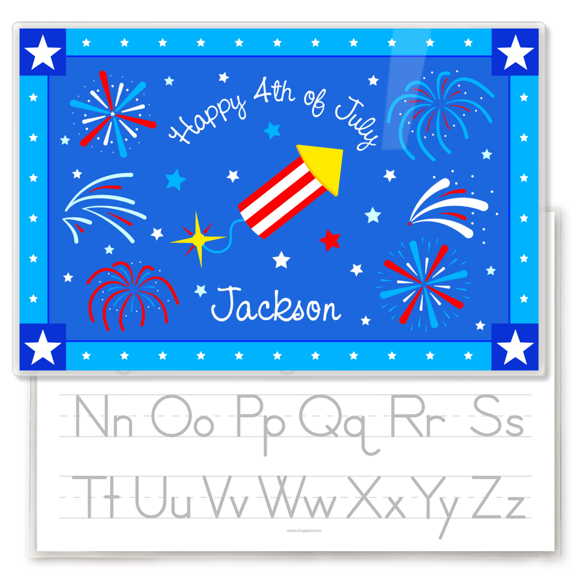 Personalized kids placemat with red, white, and blue fireworks and a firecracker on a blue background, “Happy 4th of July” text, and the name Jackson, with a gray alphabet handwriting practice guide visible on the reverse side.