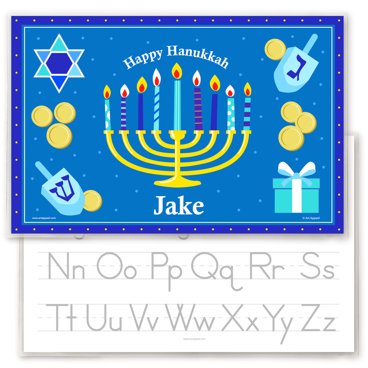 A personalized kids' placemat featuring a Hanukkah theme with a menorah, dreidels, and gelt, and a child's name.